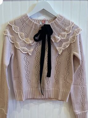 Heyson Peter Pan Lace  Collar Knit Sweater with Velvet Bow Light Pink NWT Large